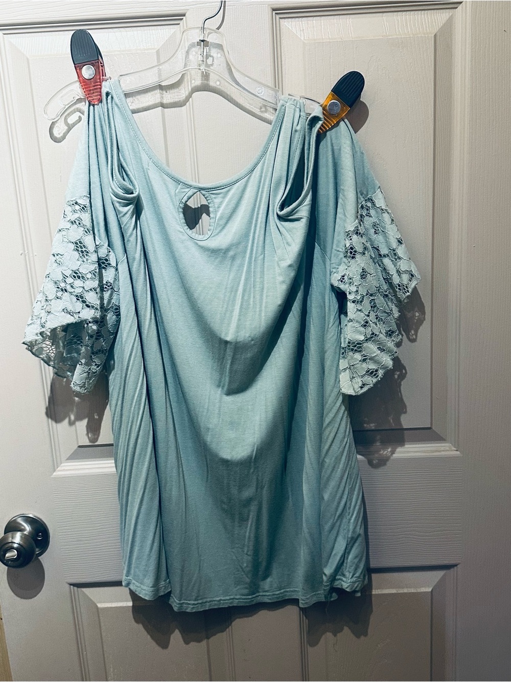 Roommates Light Blue Cold-Shoulder Lace Sleeve Top